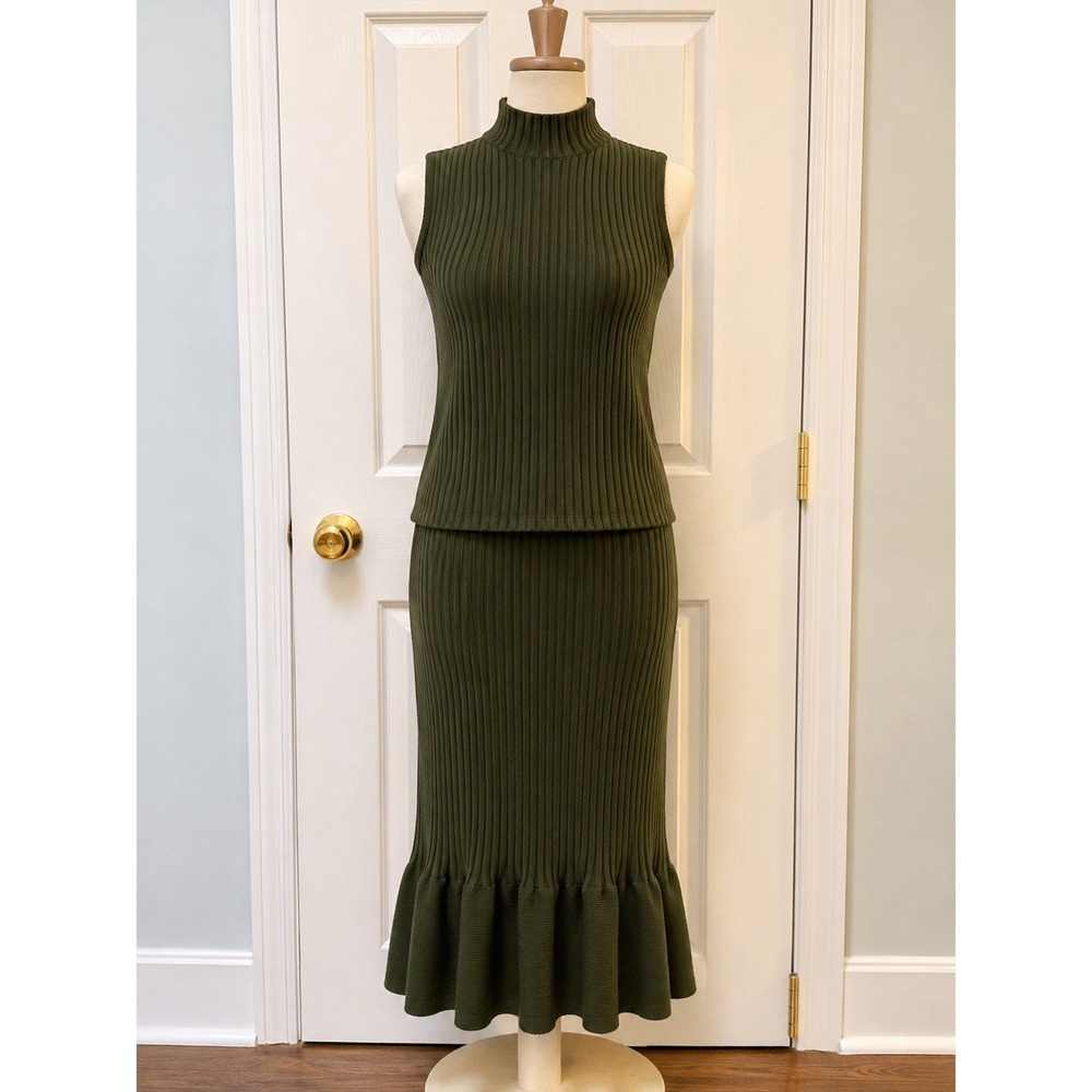 Scoop Womens XXL Olive Green Ribbed Knit Mock Neck Top Ruffle Mermaid Skirt Set